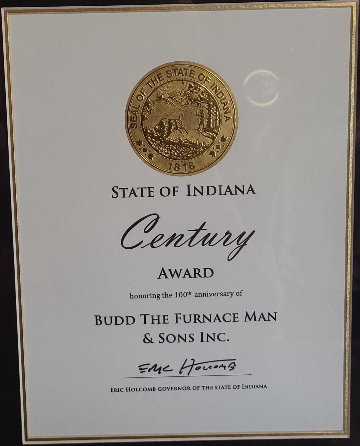 Budd The Furnace Man & Sons State of Indiana Century award